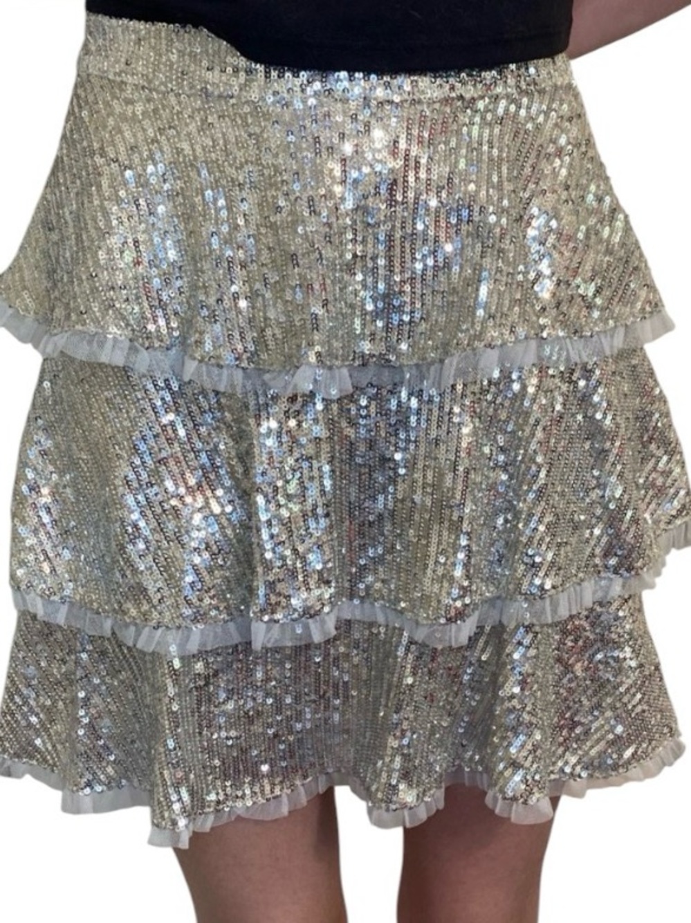 Endless Rose Size Small Silver Sequin Tiered Mini Skirt concert party boutique